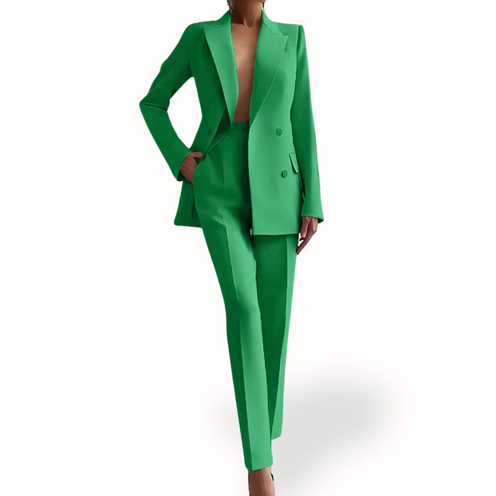 Women's Formal Double-Breasted Peak-Lapel Tailored Suit Set - Green