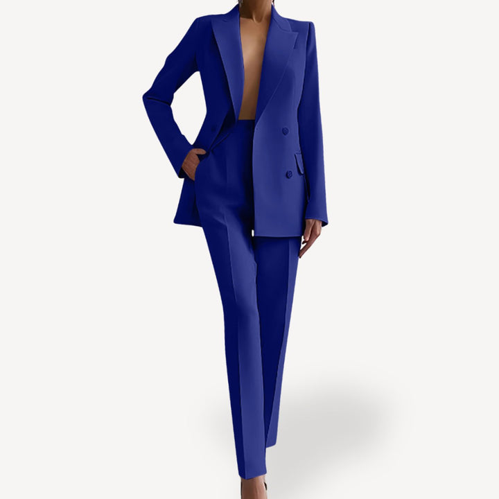 Women's Formal Double-Breasted Peak-Lapel Tailored Suit Set - Blue