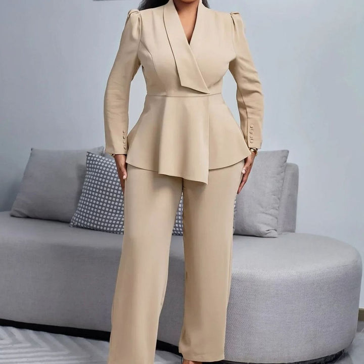 Women's Formal Peplum Blazer Wide-Leg Suit Set - Khaki