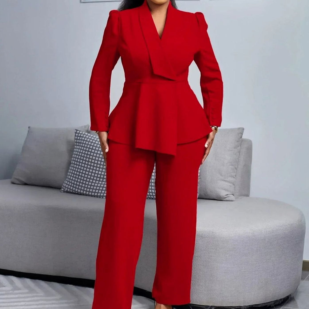 Women's Formal Peplum Blazer Wide-Leg Suit Set - Burgundy