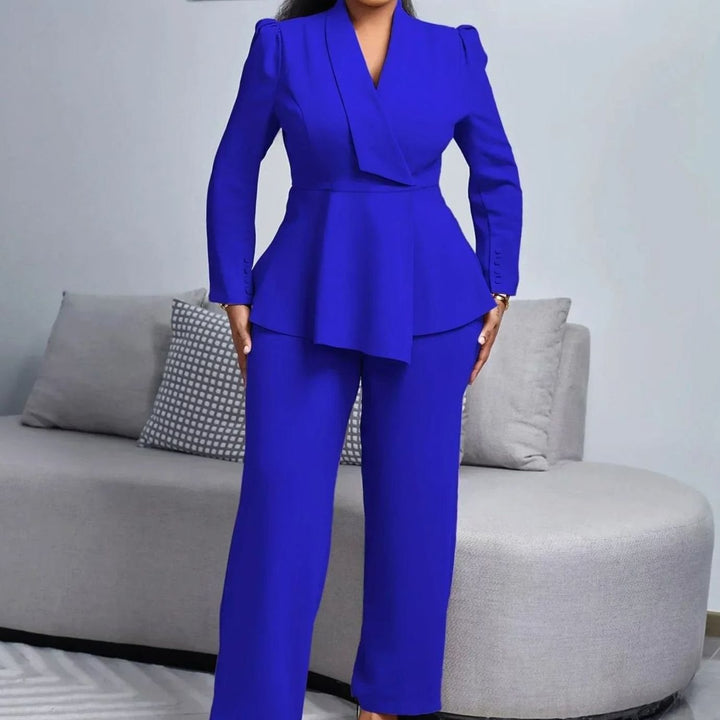Women's Formal Peplum Blazer Wide-Leg Suit Set - Royal Blue