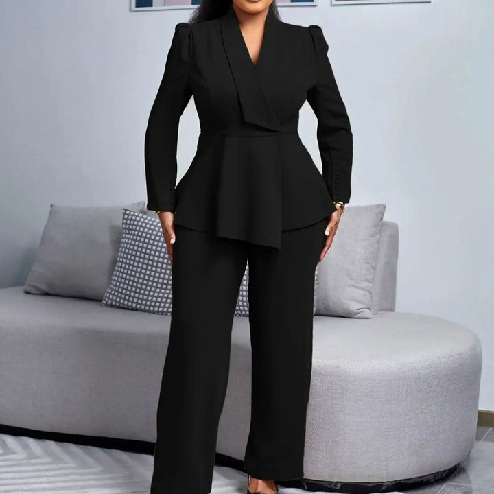 Women's Formal Peplum Blazer Wide-Leg Suit Set - Black