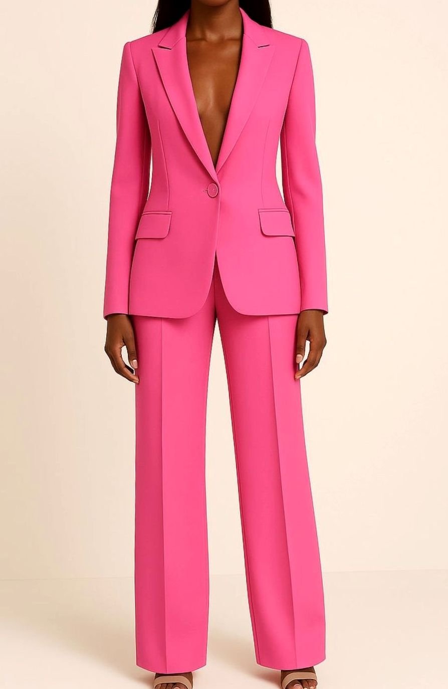 Women's Formal Tailored Single-Button Blazer Suit Set - Pink