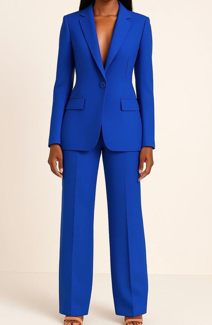 Women's Formal Tailored Single-Button Blazer Suit Set - Blue