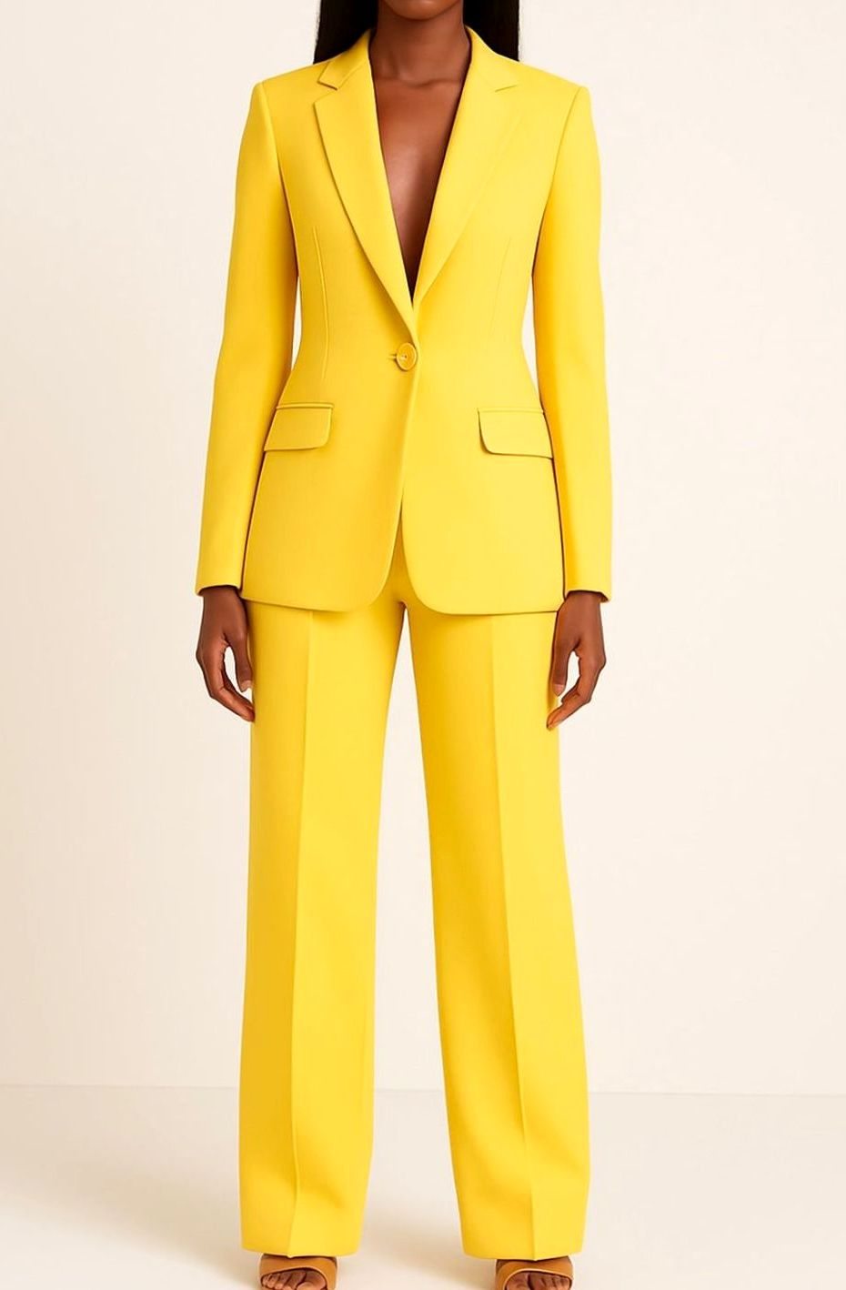 Women's Formal Tailored Single-Button Blazer Suit Set - Yellow