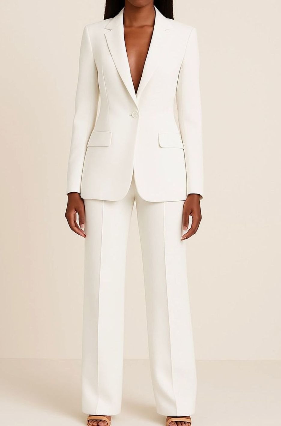 Women's Formal Tailored Single-Button Blazer Suit Set - White