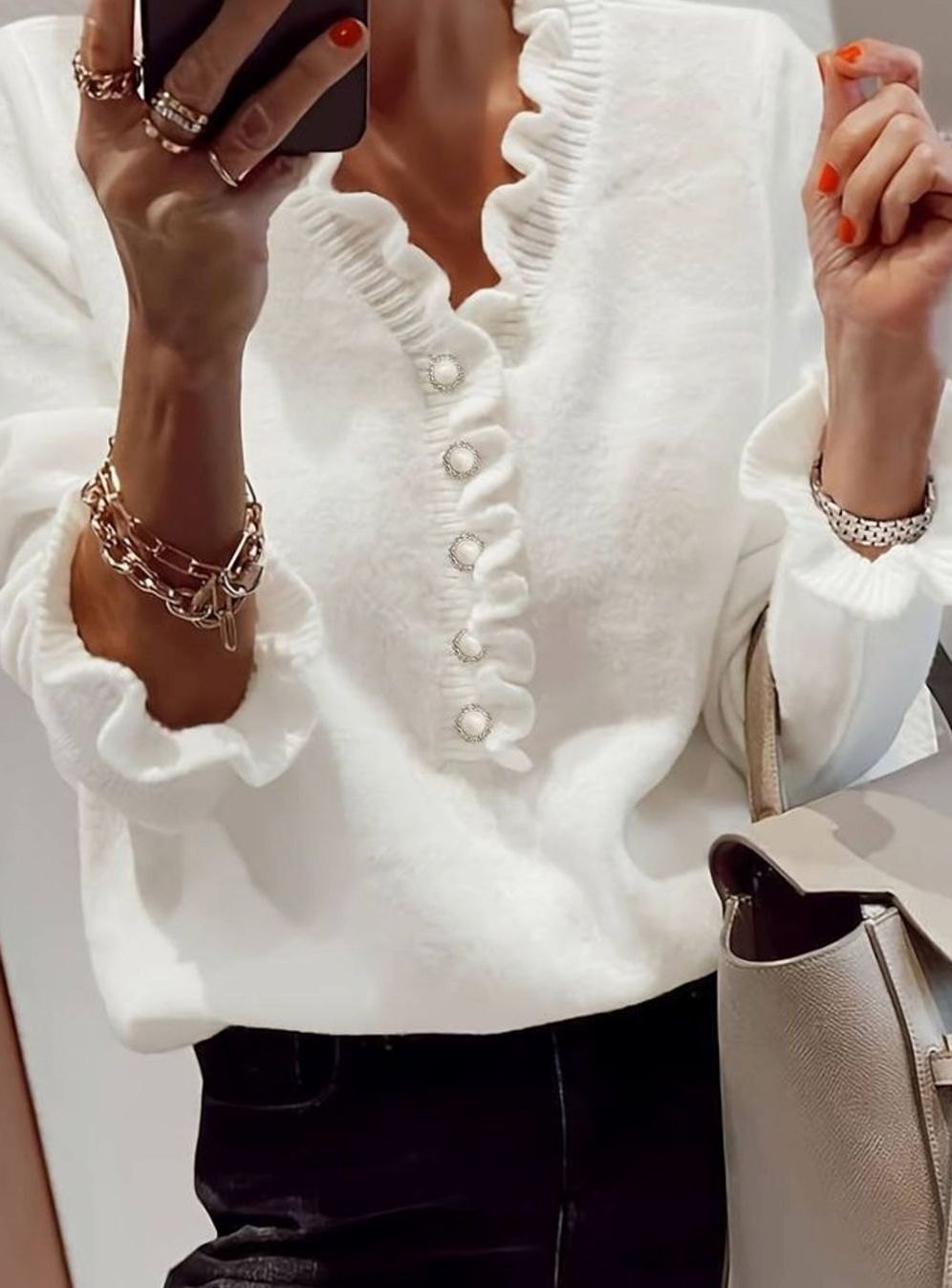 Women's Frilly Ruffle Blouse Pearl Button V-Neck Long-Sleeve Top