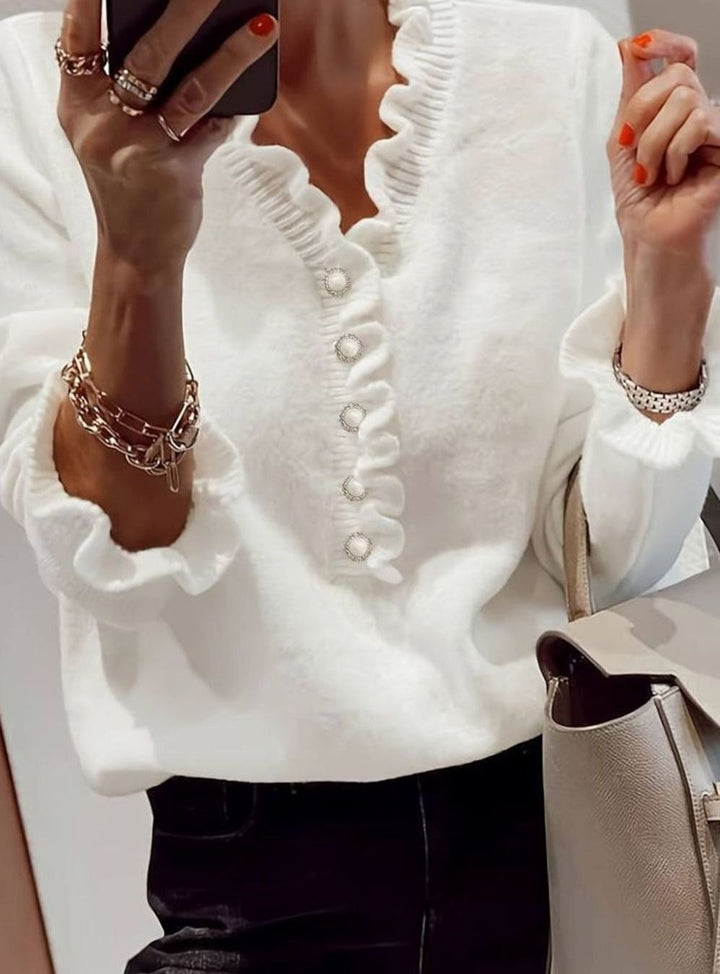 Women's Frilly Ruffle Blouse Pearl Button V-Neck Long-Sleeve Top
