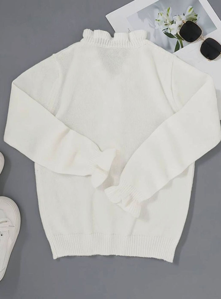 Women's Frilly Ruffle Blouse Pearl Button V-Neck Long-Sleeve Top