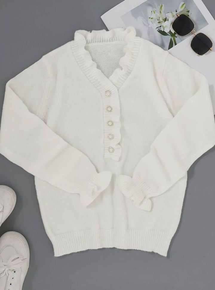 Women's Frilly Ruffle Blouse Pearl Button V-Neck Long-Sleeve Top