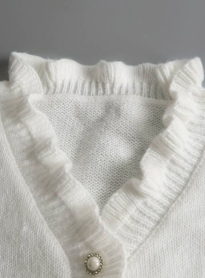 Women's Frilly Ruffle Blouse Pearl Button V-Neck Long-Sleeve Top