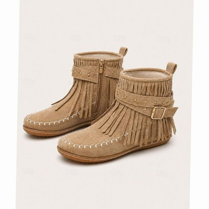 Women's Fringe Moccasin Flat Ankle Boots Boho Buckle Strap, Beige - Beige