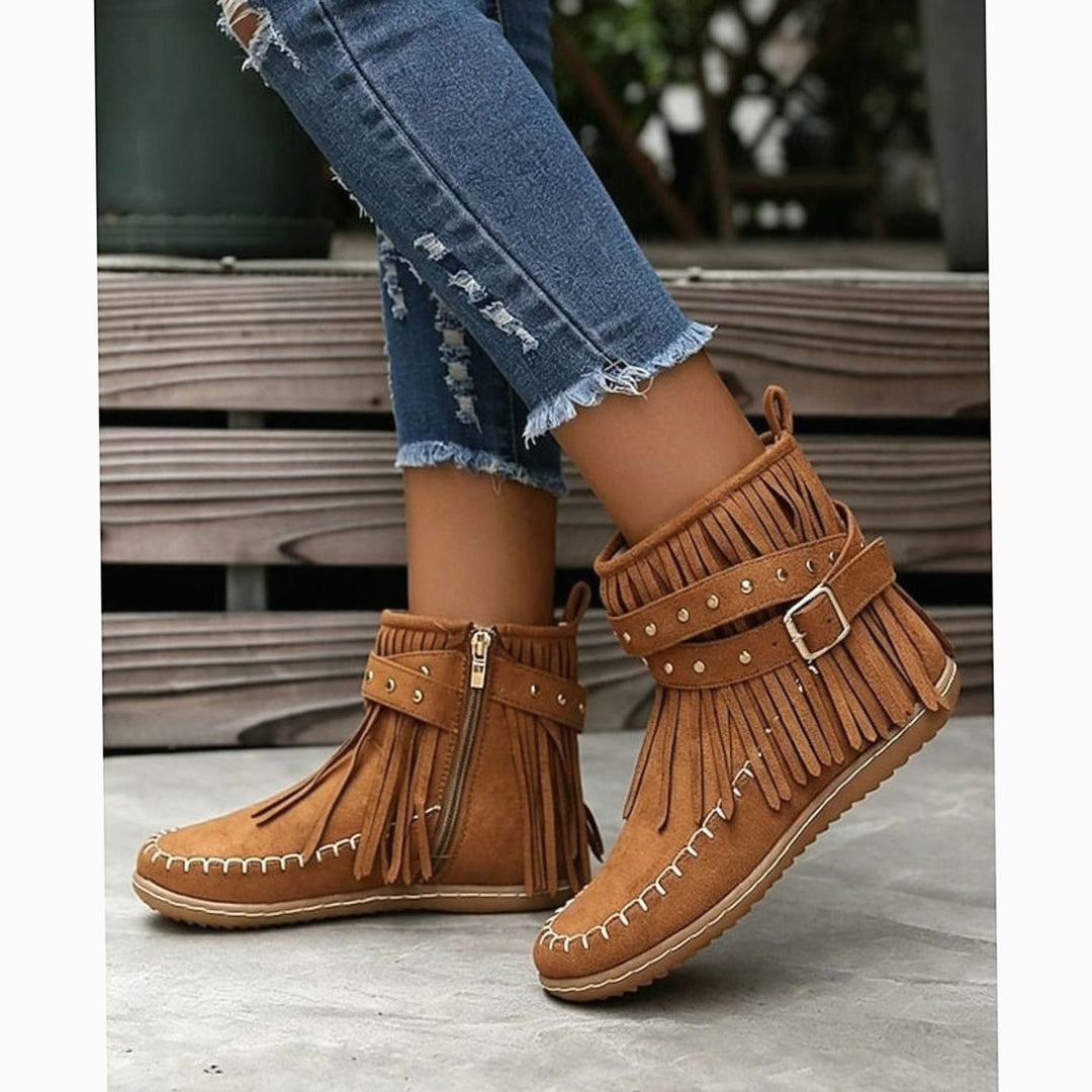 Women's Fringe Moccasin Flat Ankle Boots Boho Buckle Strap, Beige