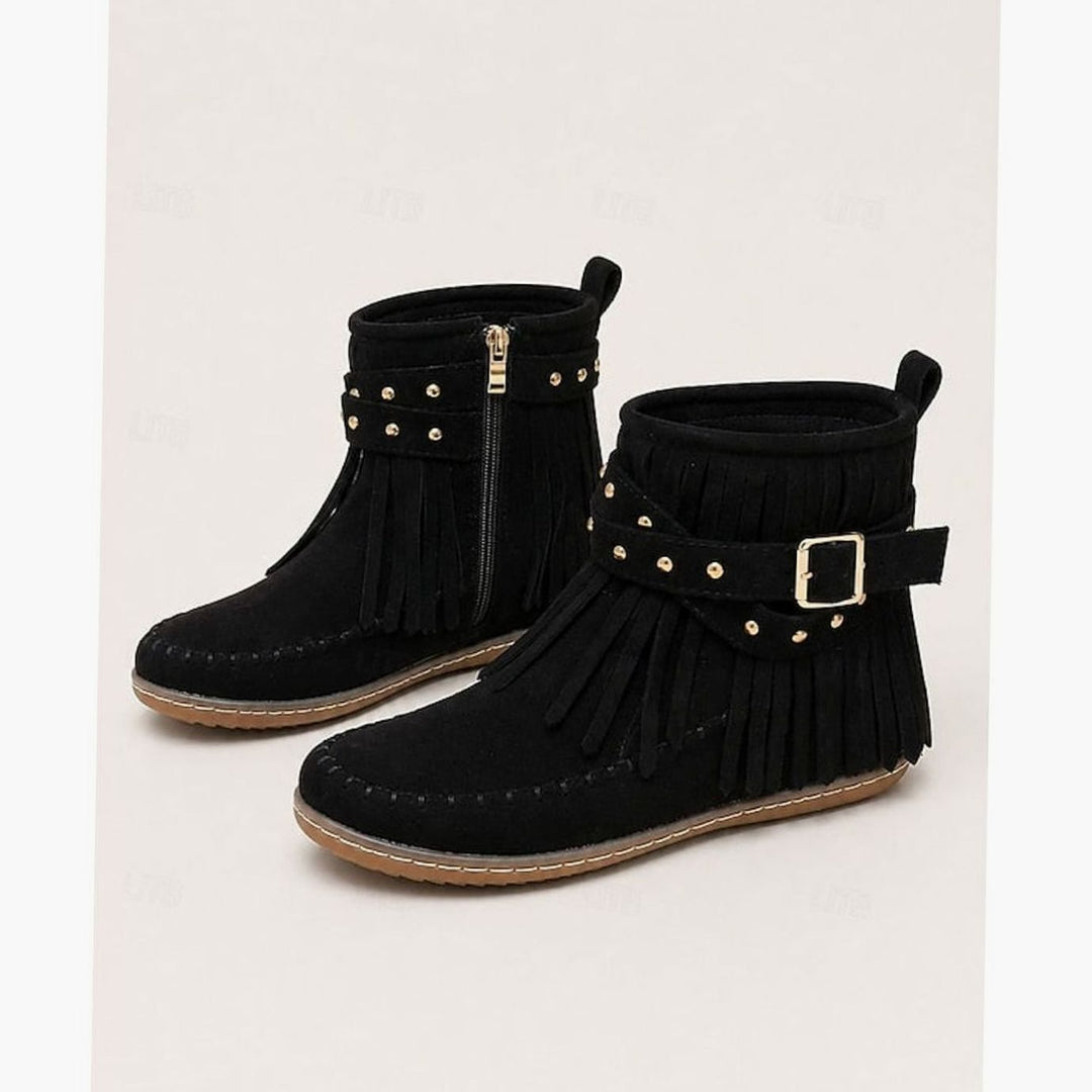 Women's Fringe Moccasin Flat Ankle Boots Boho Buckle Strap, Beige - Black