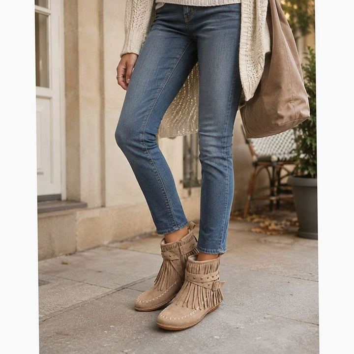 Women's Fringe Moccasin Flat Ankle Boots Boho Buckle Strap, Beige