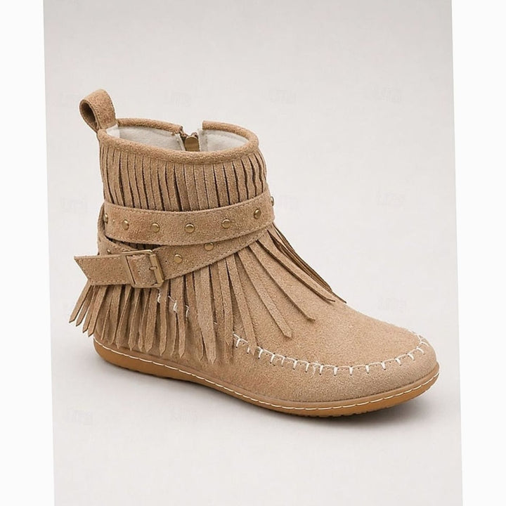 Women's Fringe Moccasin Flat Ankle Boots Boho Buckle Strap, Beige