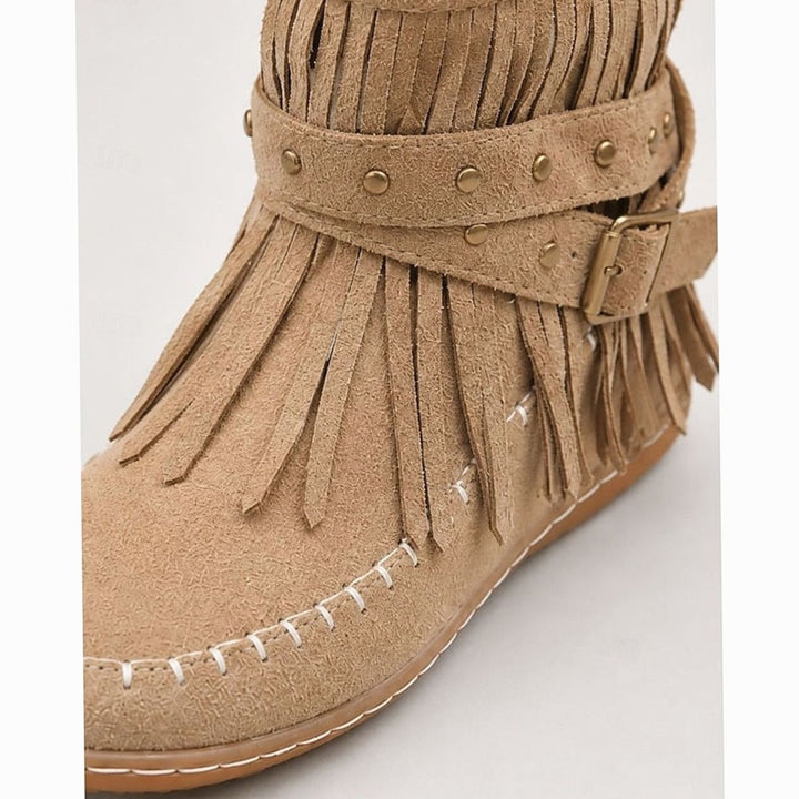 Women's Fringe Moccasin Flat Ankle Boots Boho Buckle Strap, Beige
