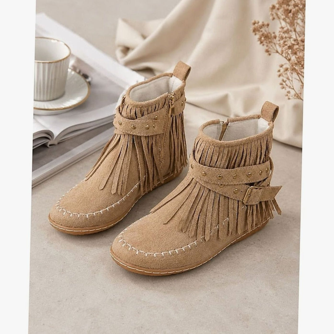 Women's Fringe Moccasin Flat Ankle Boots Boho Buckle Strap, Beige