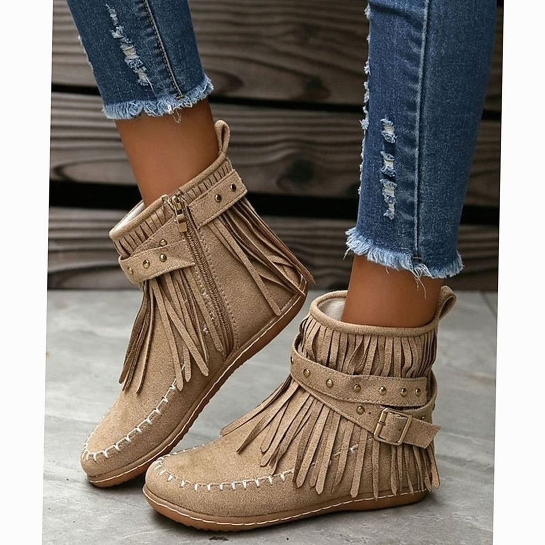 Women's Fringe Moccasin Flat Ankle Boots Boho Buckle Strap, Beige