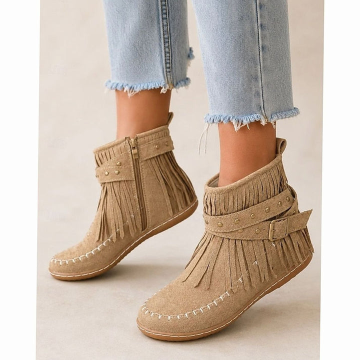 Women's Fringe Moccasin Flat Ankle Boots Boho Buckle Strap, Beige