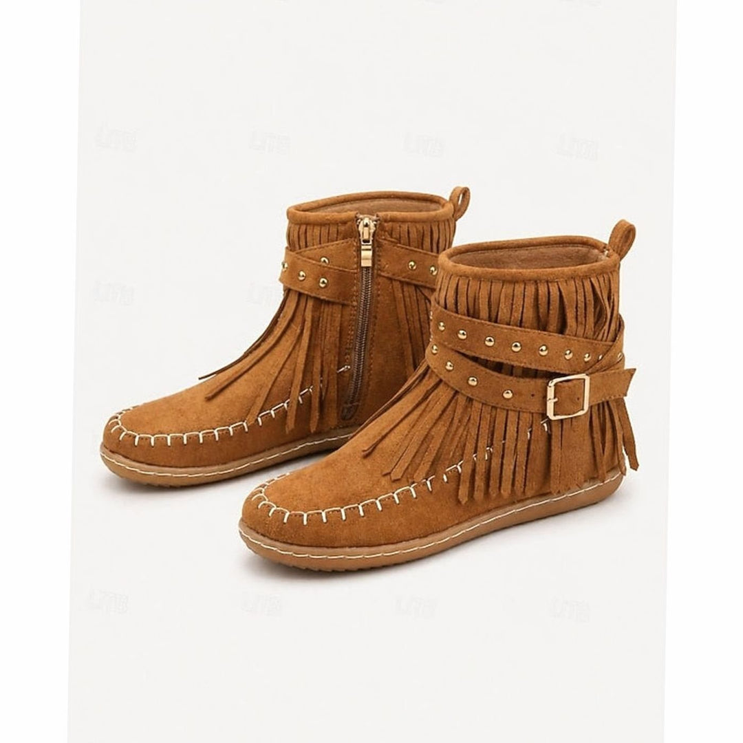 Women's Fringe Moccasin Flat Ankle Boots Boho Buckle Strap, Beige - Brown