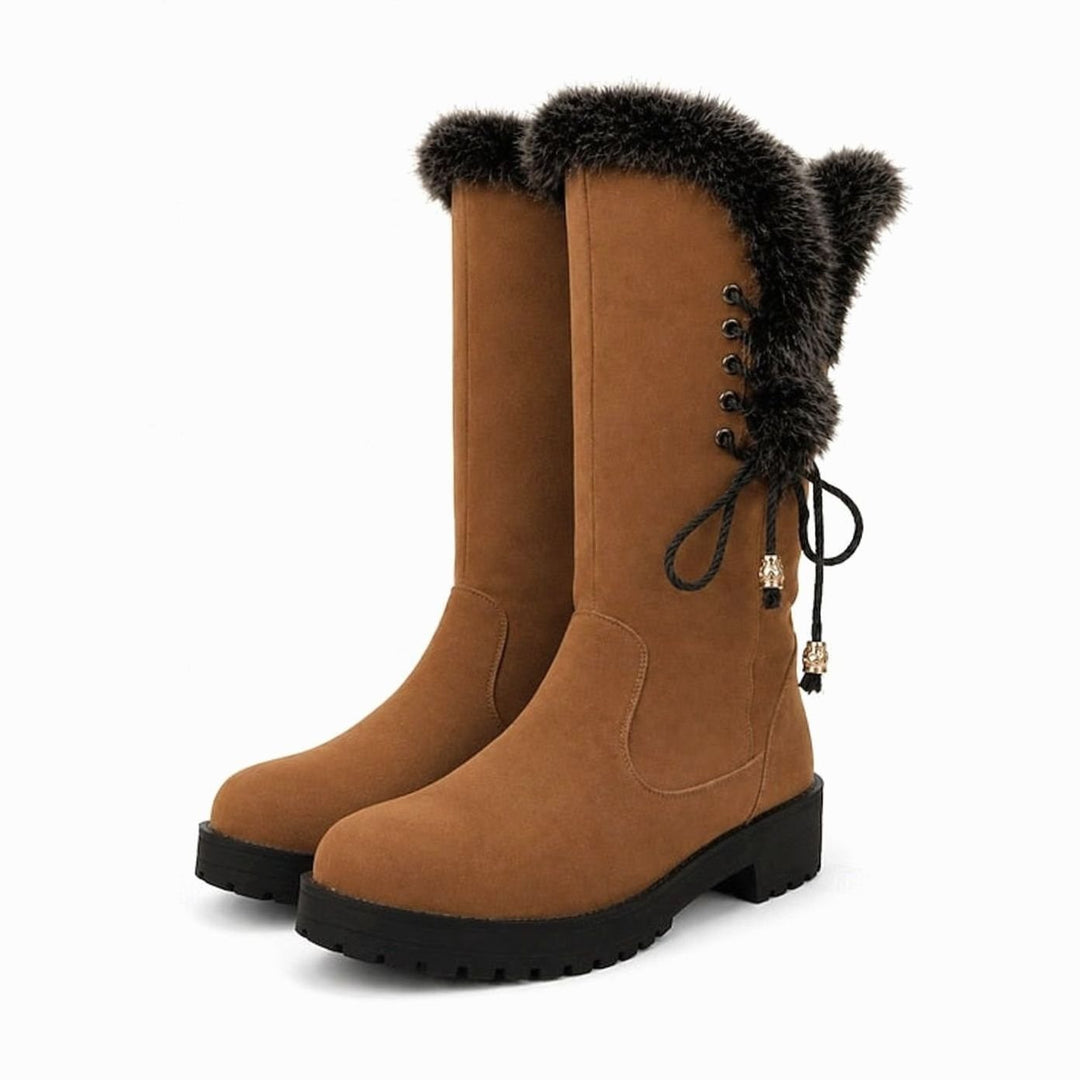 Women's Fur-Trimmed Knee-High Winter Boots Low Block Heel