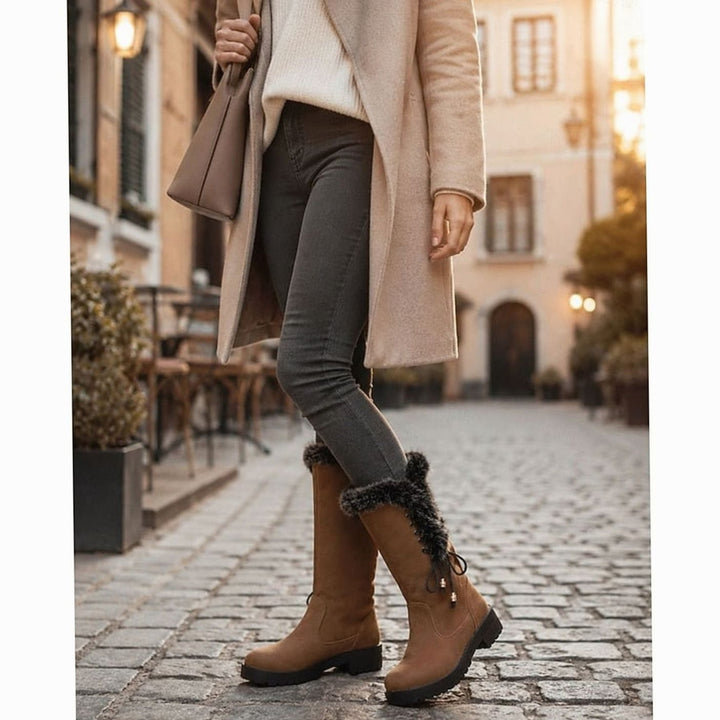 Women's Fur-Trimmed Knee-High Winter Boots Low Block Heel