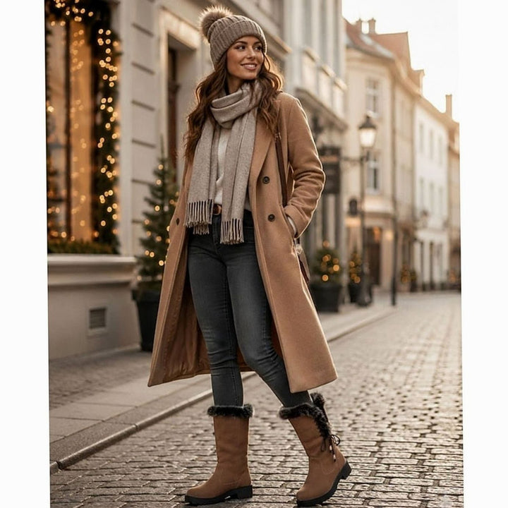 Women's Fur-Trimmed Knee-High Winter Boots Low Block Heel