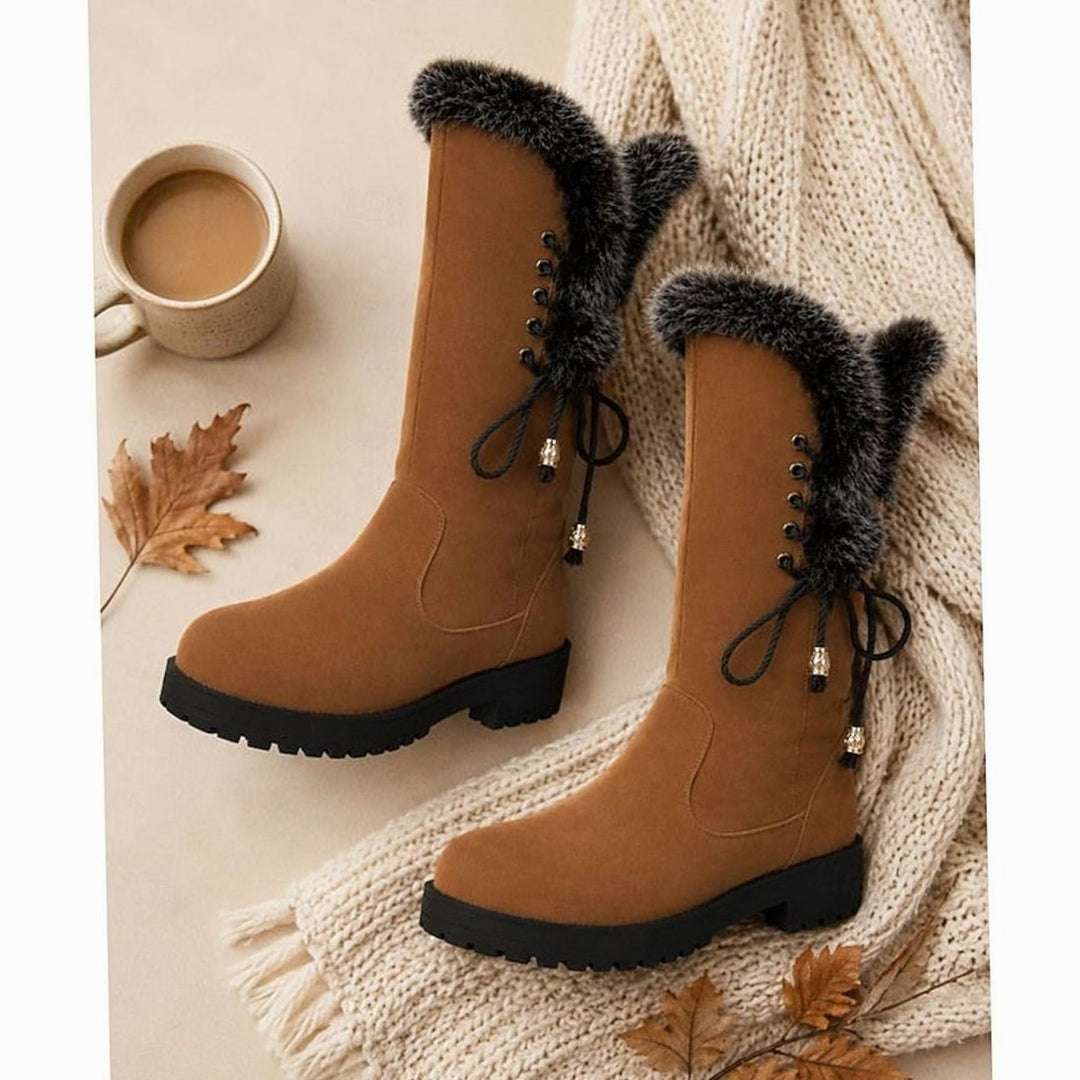 Women's Fur-Trimmed Knee-High Winter Boots Low Block Heel