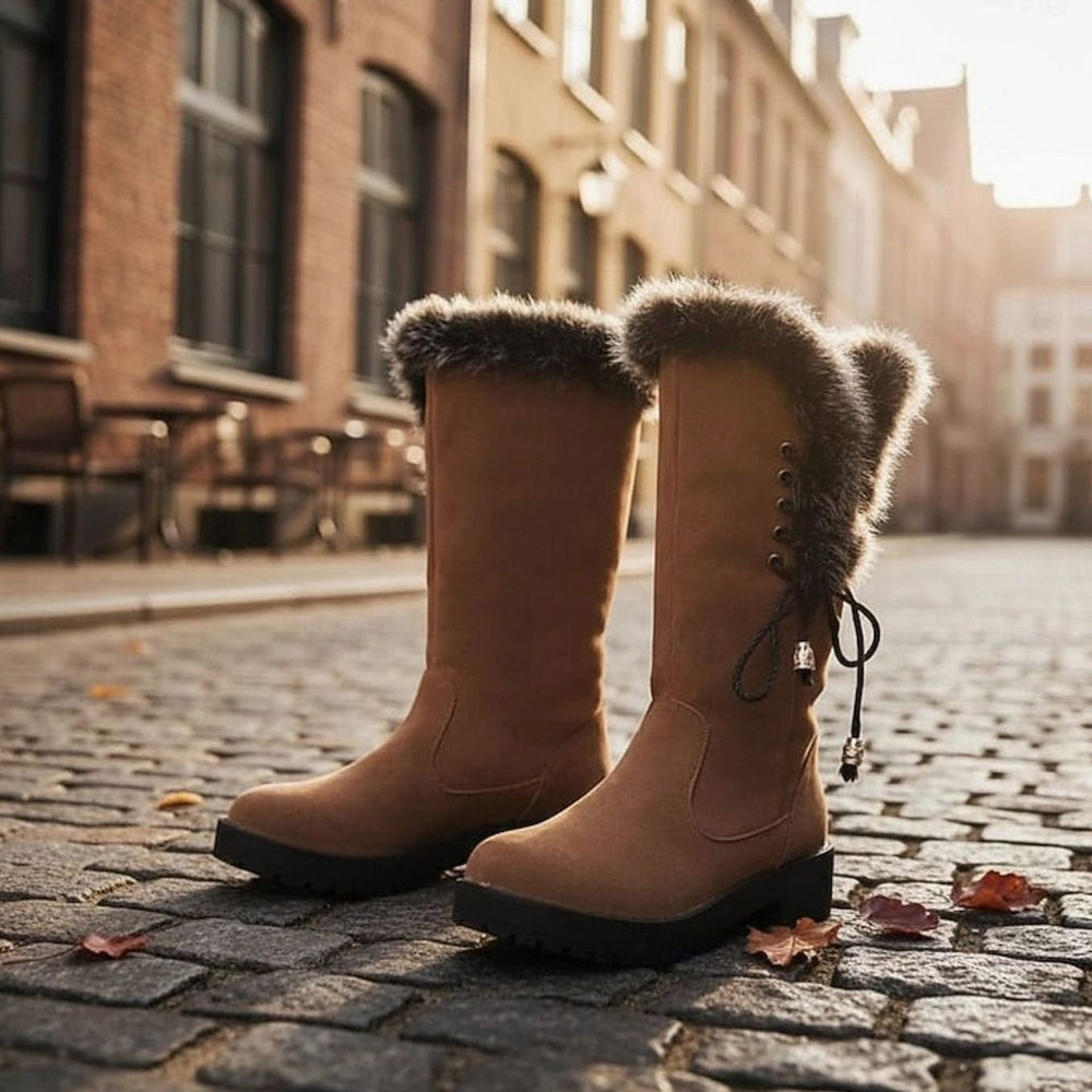 Women's Fur-Trimmed Knee-High Winter Boots Low Block Heel