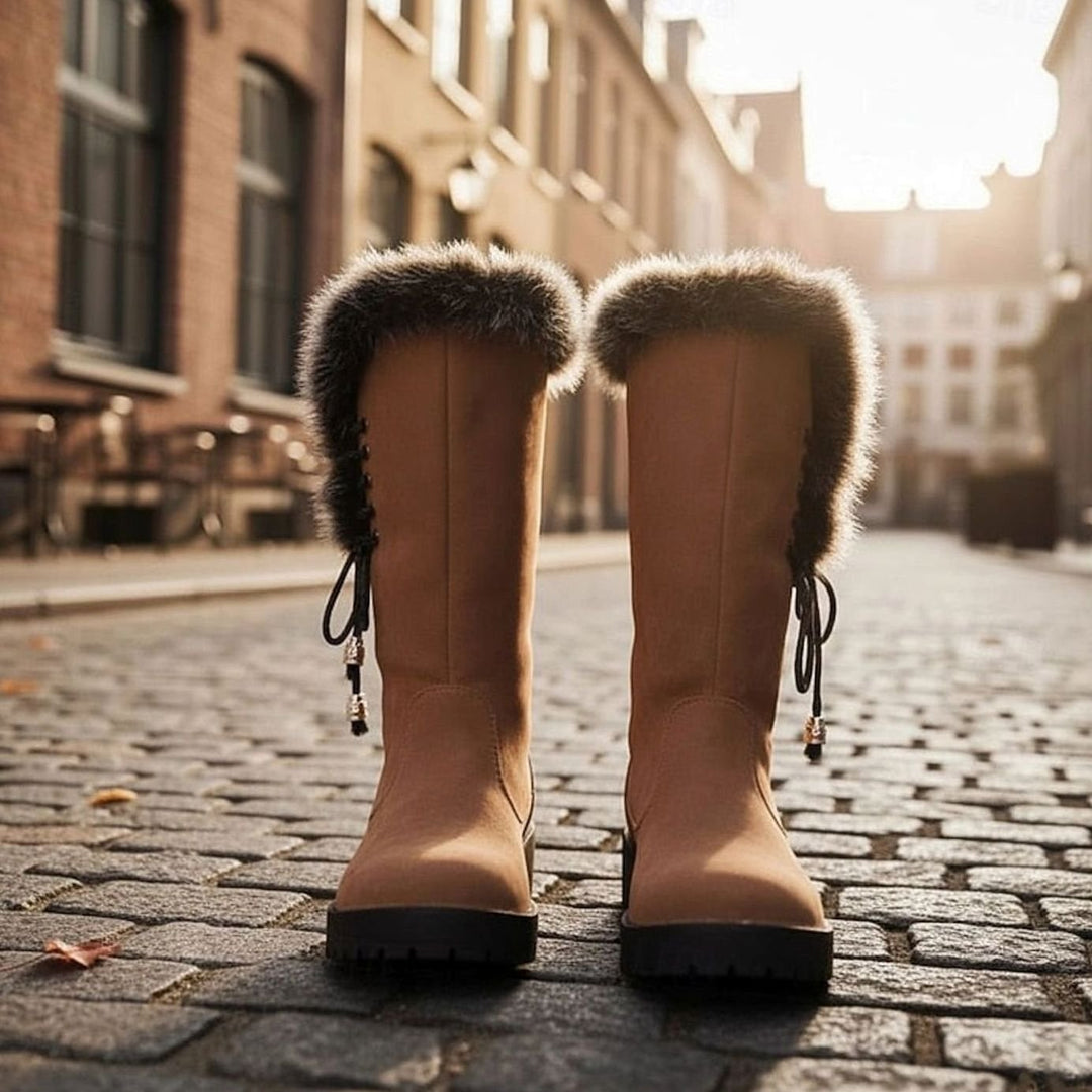 Women's Fur-Trimmed Knee-High Winter Boots Low Block Heel