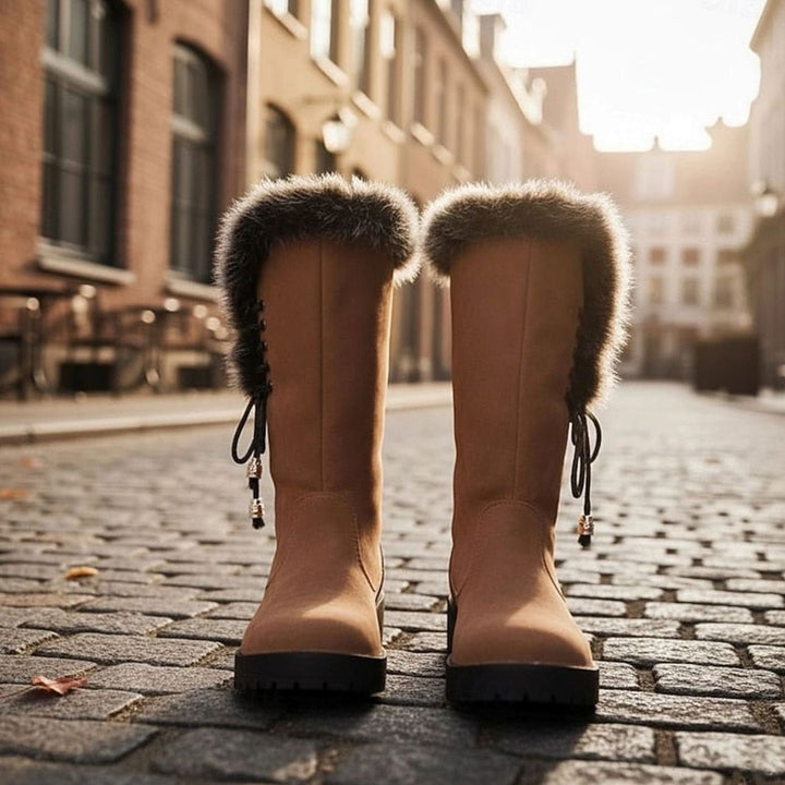 Women's Fur-Trimmed Knee-High Winter Boots Low Block Heel