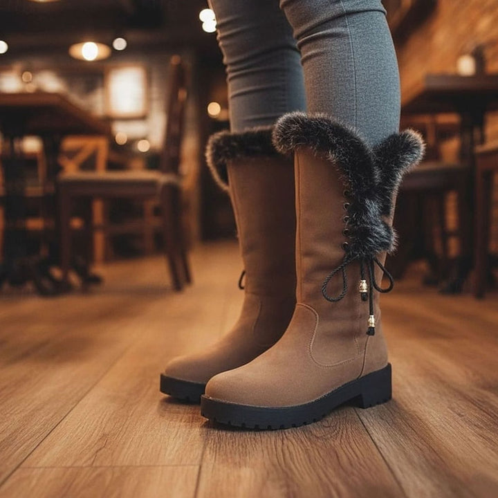 Women's Fur-Trimmed Knee-High Winter Boots Low Block Heel
