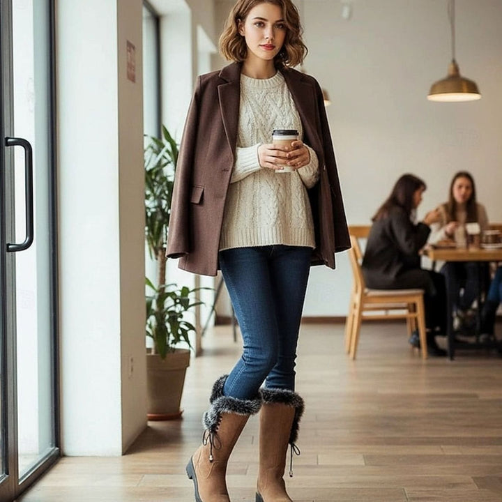 Women's Fur-Trimmed Knee-High Winter Boots Low Block Heel
