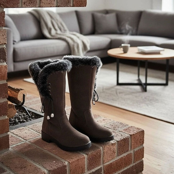 Women's Fur-Trimmed Knee-High Winter Boots Low Block Heel - Dark Brown