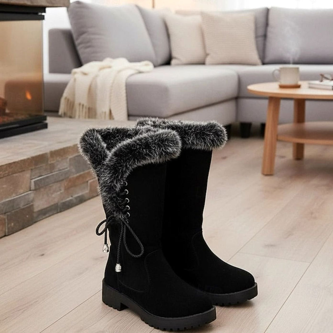 Women's Fur-Trimmed Knee-High Winter Boots Low Block Heel - Black