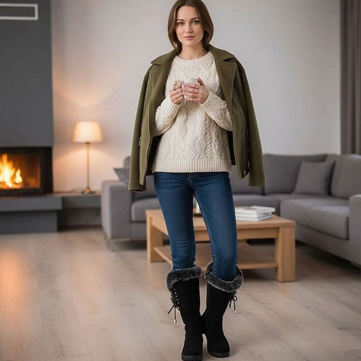 Women's Fur-Trimmed Knee-High Winter Boots Low Block Heel