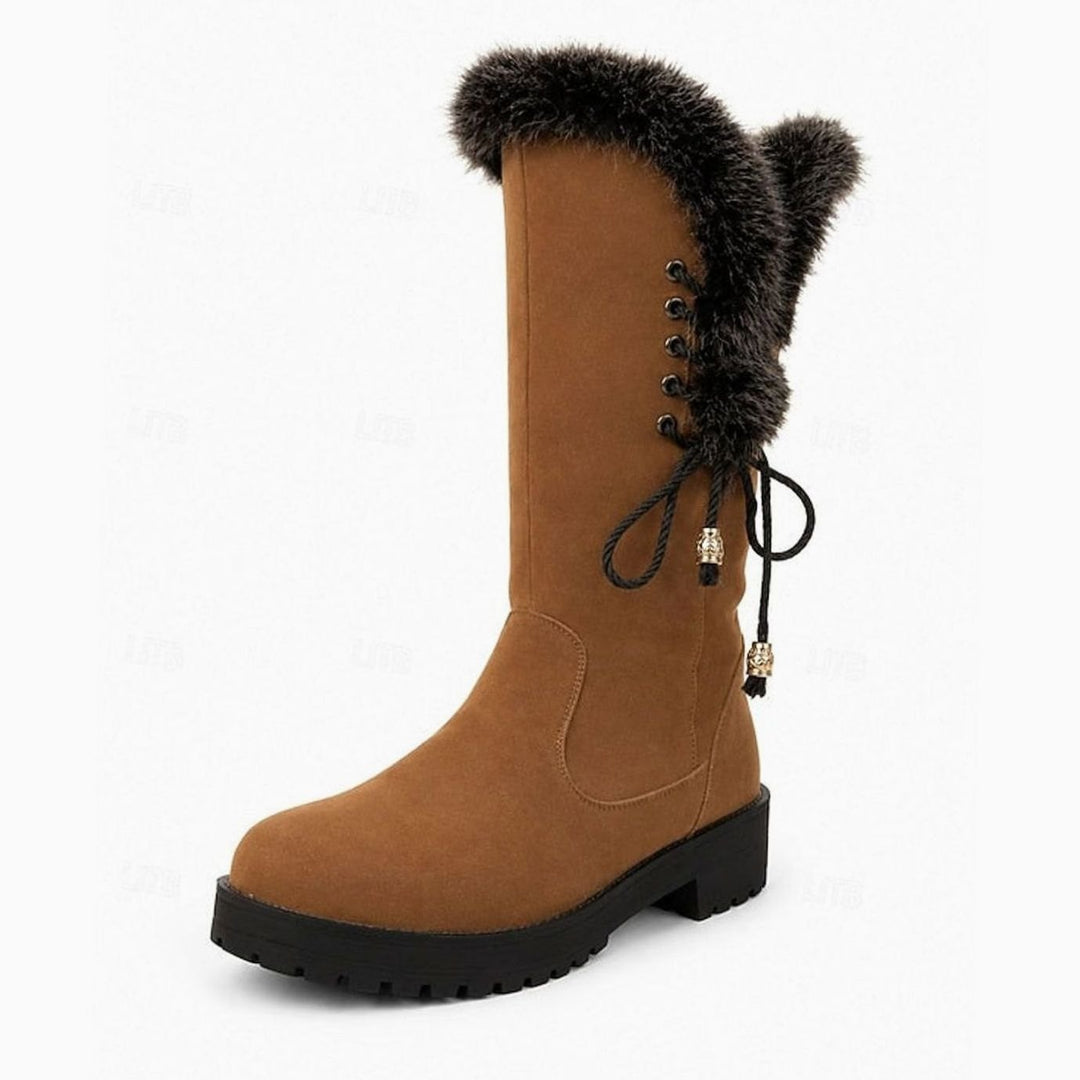 Women's Fur-Trimmed Knee-High Winter Boots Low Block Heel