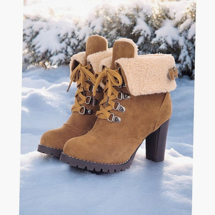 Women's Fur-Trimmed Lace-Up Chunky Heel Winter Boots - Tan