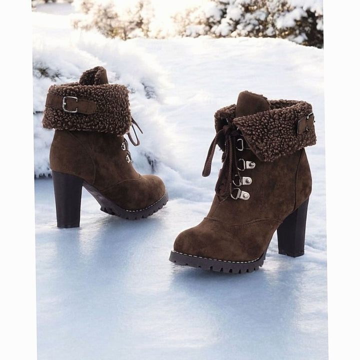 Women's Fur-Trimmed Lace-Up Chunky Heel Winter Boots