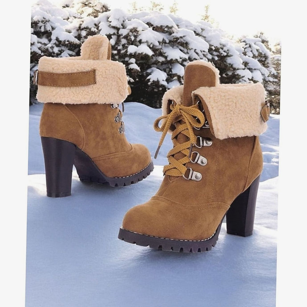 Women's Fur-Trimmed Lace-Up Chunky Heel Winter Boots