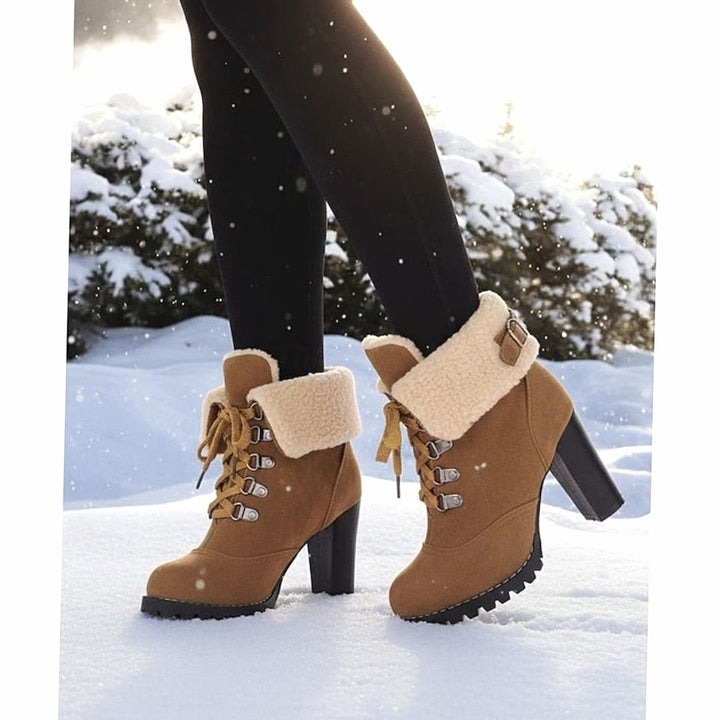 Women's Fur-Trimmed Lace-Up Chunky Heel Winter Boots