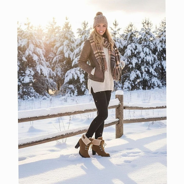 Women's Fur-Trimmed Lace-Up Chunky Heel Winter Boots