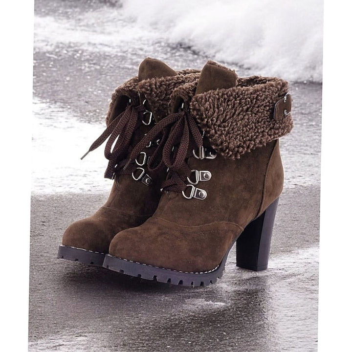 Women's Fur-Trimmed Lace-Up Chunky Heel Winter Boots - Dark Brown