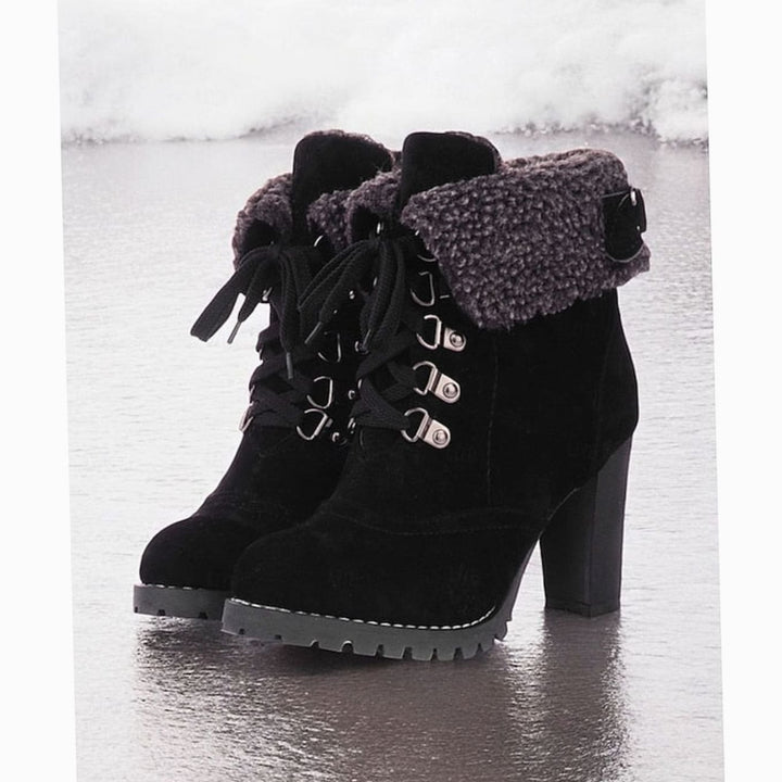 Women's Fur-Trimmed Lace-Up Chunky Heel Winter Boots - Black