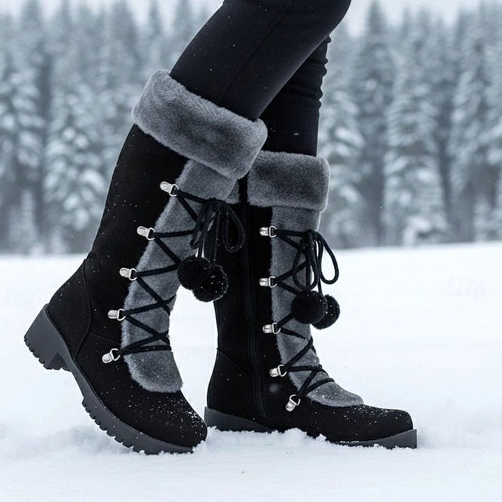 Women's Fur-Trimmed Lace-Up Mid-Calf Winter Boots - Black