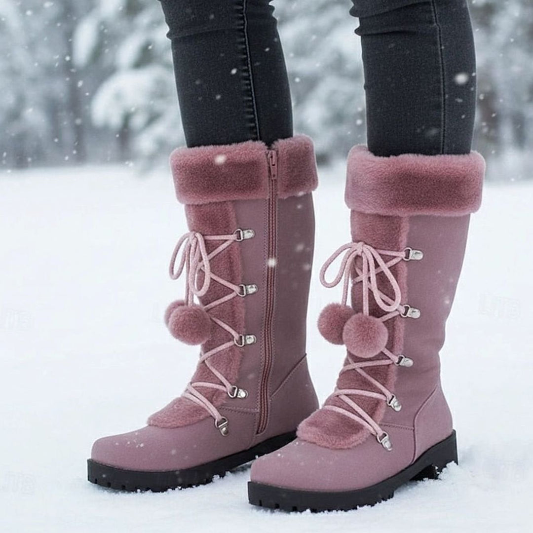 Women's Fur-Trimmed Lace-Up Mid-Calf Winter Boots - Purple
