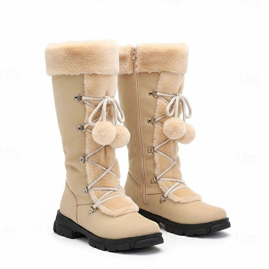 Women's Fur-Trimmed Lace-Up Mid-Calf Winter Boots - Beige