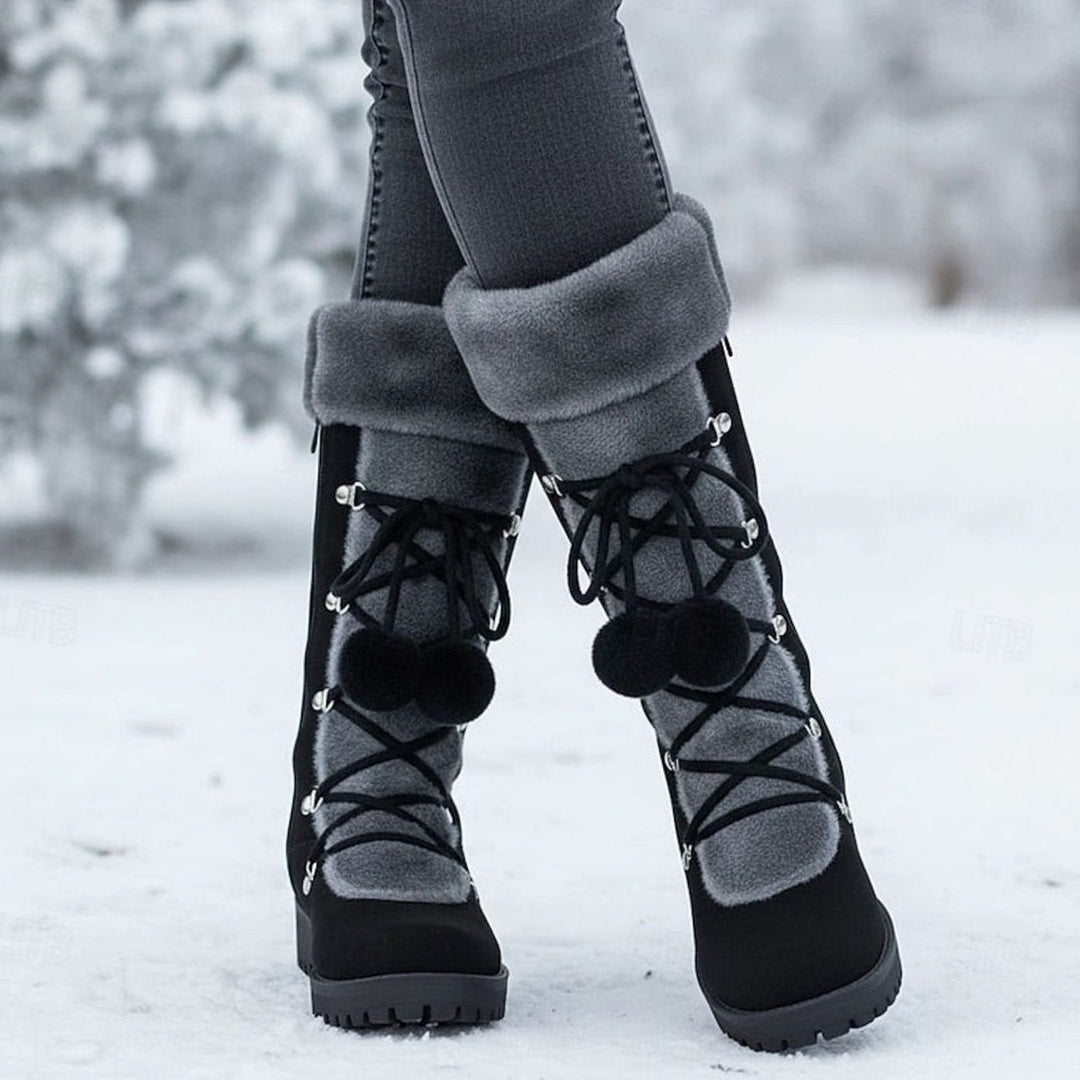 Women's Fur-Trimmed Lace-Up Mid-Calf Winter Boots