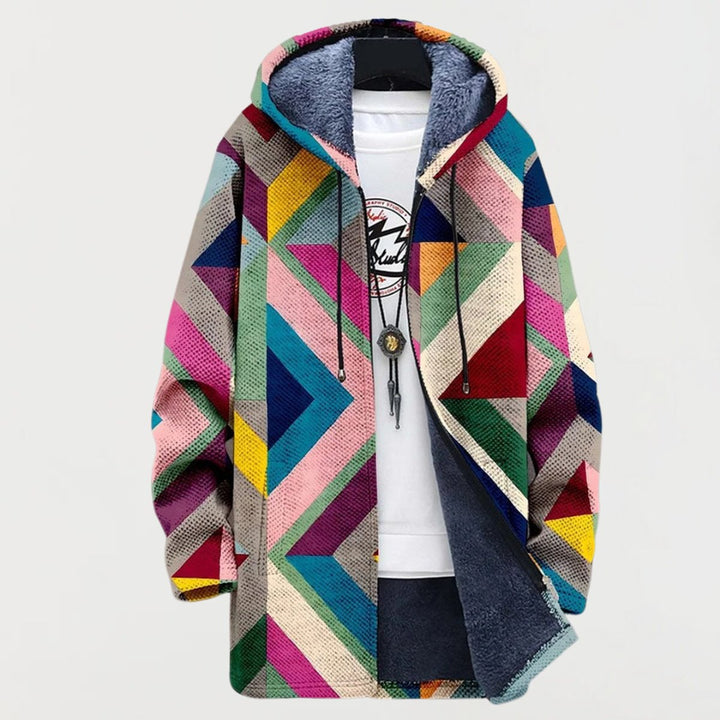 Women's Geometric Print Fleece-Lined Hooded Sweater Coat